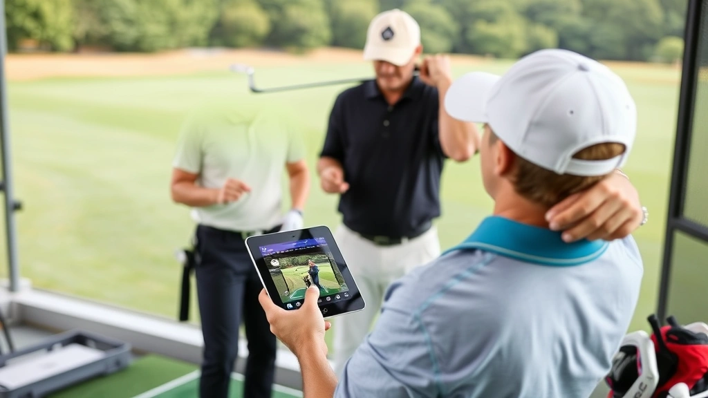 Golf instructor providing swing analysis using video technology, golfer and coach reviewing performance on tablet device, driving range setting, professional environment