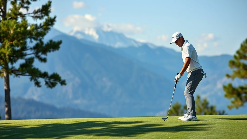 Golfer analyzing putt on elevated green with mountain backdrop, focused expression, studying slope and line with confidence