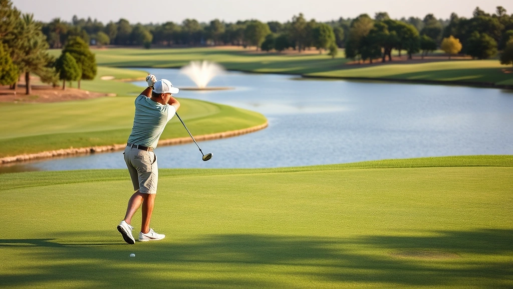 Golfer preparing to hit shot from fairway near water hazard, concentrated expression, scenic course setting with trees and water feature, authentic playing conditions