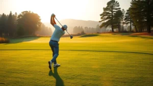 Golfer mid-swing on fairway with natural landscape background, morning sunlight, realistic photography of recreational golfer in natural golf course setting