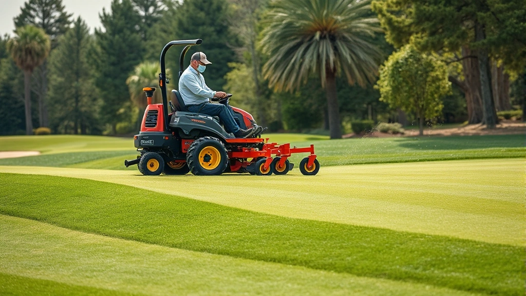 Groundskeeping professional operating maintenance equipment on golf course, working on fairway conditioning, realistic action shot of course maintenance work