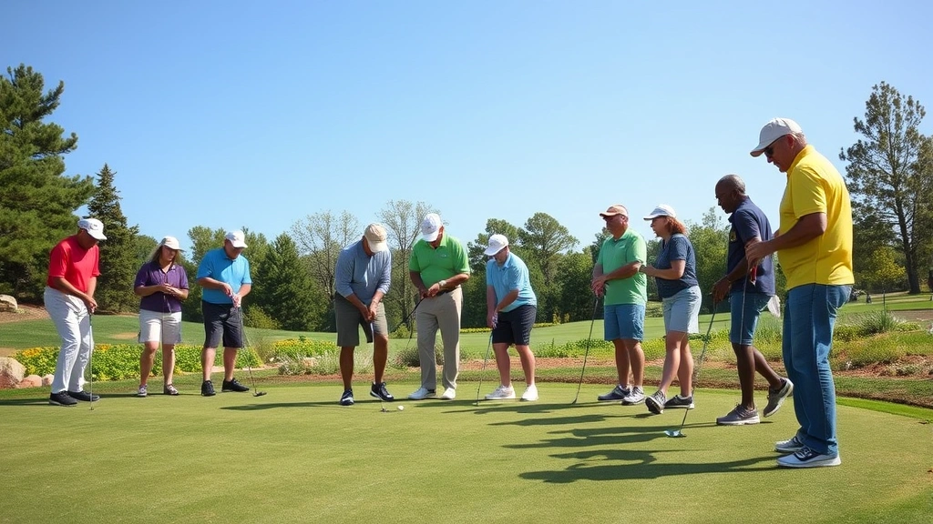 Diverse group of golfers on putting green, multiple ages and backgrounds enjoying recreational golf together, community recreation atmosphere, realistic outdoor scene