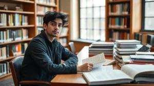 A thoughtful college student sitting at a library desk surrounded by open textbooks and course catalogs, reviewing papers with a contemplative expression, natural window lighting suggesting academic reflection and decision-making