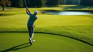 Golfer mid-swing on challenging fairway with water hazard visible, professional course setting, natural lighting, lush green grass