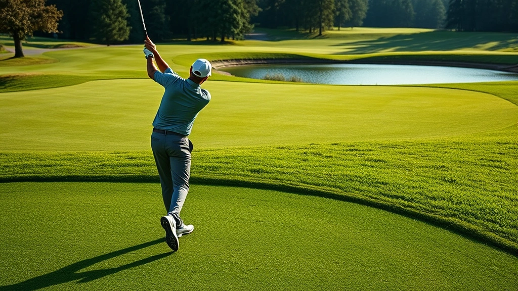 Golfer mid-swing on challenging fairway with water hazard visible, professional course setting, natural lighting, lush green grass