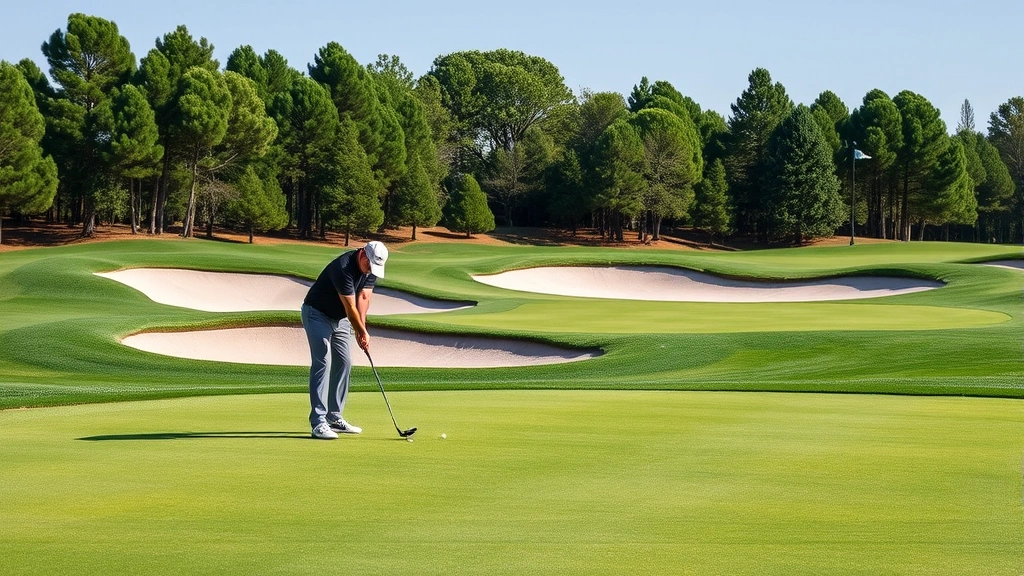 Golfer practicing short game near green with multiple bunkers, focused concentration, sand and manicured greens visible