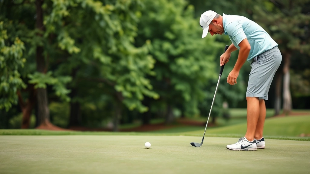 Golfer studying green with putter, reading break, bent over examining slope, natural course conditions with trees