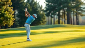 Golfer executing perfect swing follow-through on manicured fairway with trees in background, morning sunlight, professional form