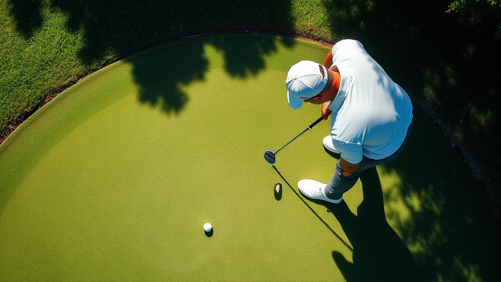 Overhead view of golfer reading green before putting, bent over examining slope, well-maintained putting surface with shadows