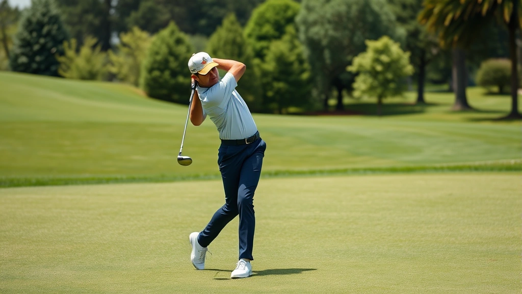 A golfer in military academy uniform executing a perfect golf swing on a pristine fairway with manicured grass and trees in background, showing proper form and posture