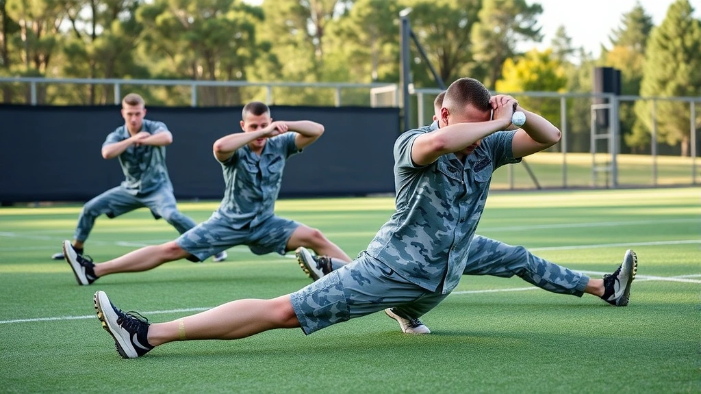 Military cadets performing core strength exercises on a training field, demonstrating functional fitness conditioning specific to golf with focus on stability and power generation