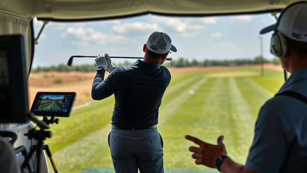 Professional golf instructor demonstrating proper swing technique to student on practice range with launch monitor technology visible, sunny day, focus on form and instruction