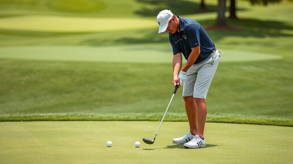 Golfer practicing short-game shots on well-maintained chipping area with putting green in background, concentrated expression, quality turf conditions, natural daylight