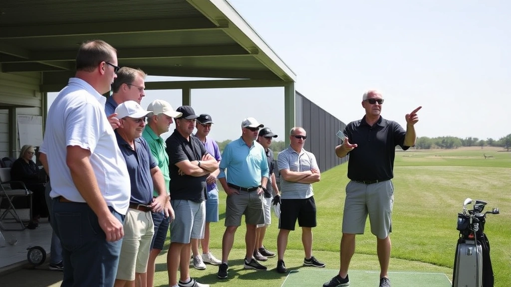 Small group of golfers receiving instruction near driving range with instructor pointing to demonstrate technique, diverse group, supportive learning environment, clear weather