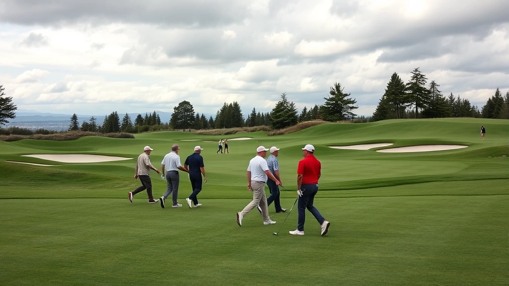 Group of golfers walking across manicured golf course with bunkers visible and cloudy Seattle sky, diverse players enjoying recreational sport, photorealistic, no text