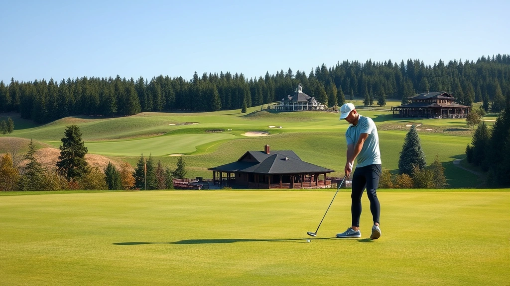 Golfer putting on green with course clubhouse and practice facilities visible in distance, serene golf course setting, Pacific Northwest scenery, photorealistic, no text