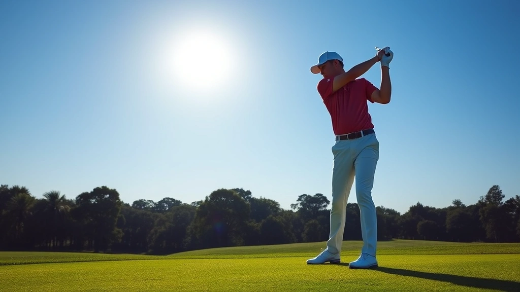 Professional golfer demonstrating proper golf swing stance and posture on lush green fairway with clear blue sky