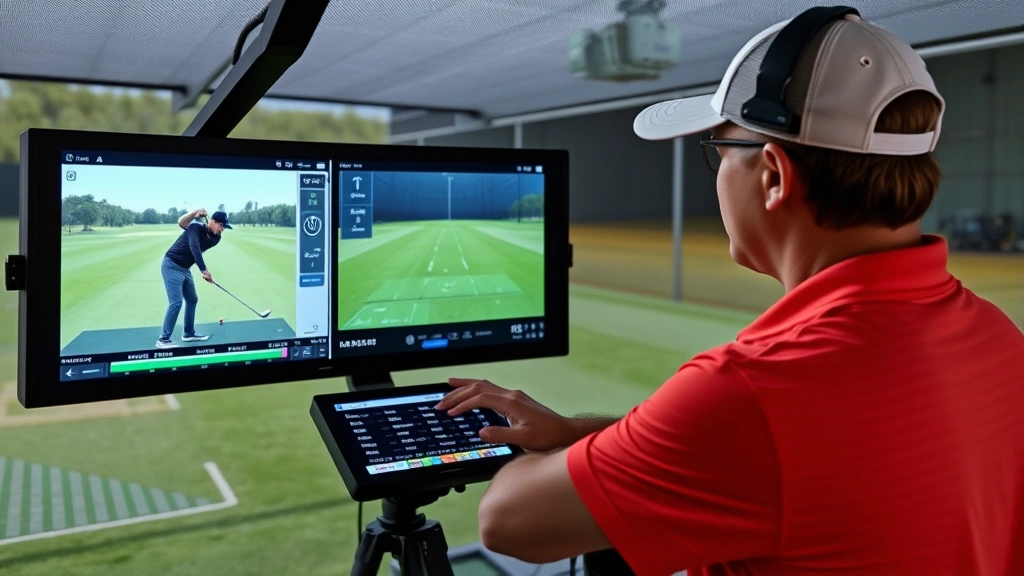 Golf instructor analyzing swing mechanics using launch monitor technology with golfer on driving range, detailed analysis display