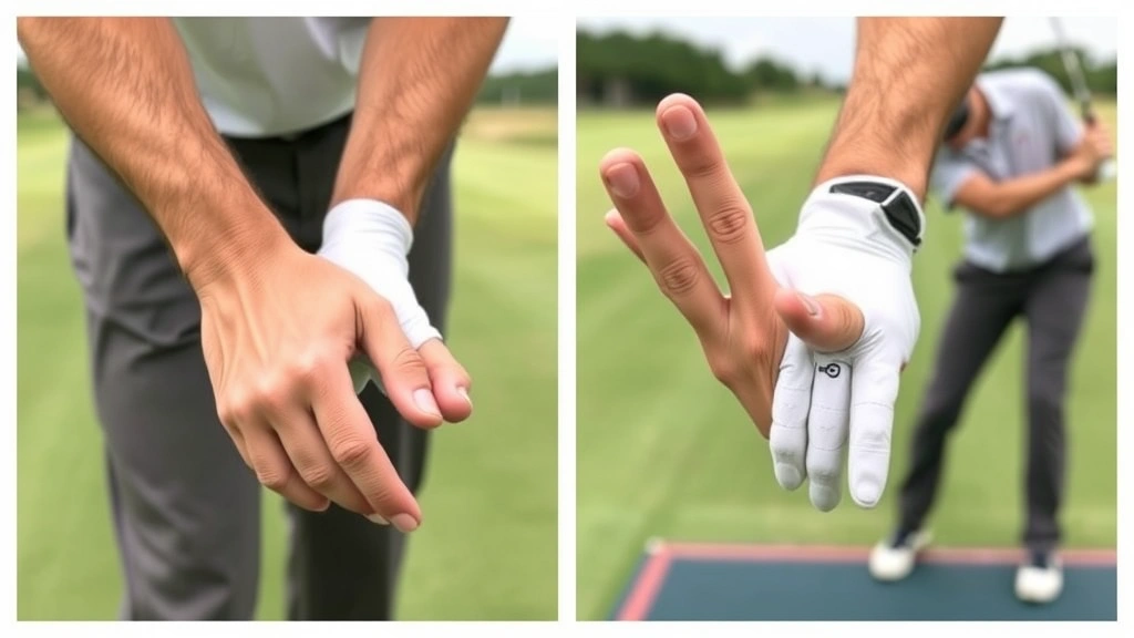 Professional golfer demonstrating proper grip and stance position on a practice range, hands close-up showing finger positioning, neutral lighting, clear hand details without instructional text