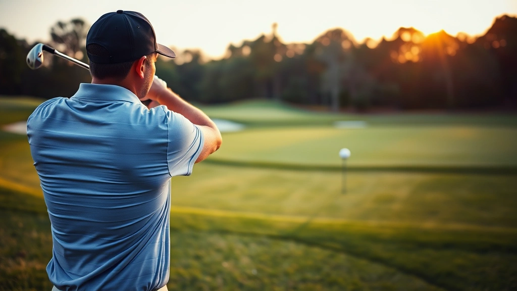 Golfer executing pre-shot routine standing behind the ball visualizing target line on a fairway, focused expression, natural course setting, golden hour lighting, action-focused photography