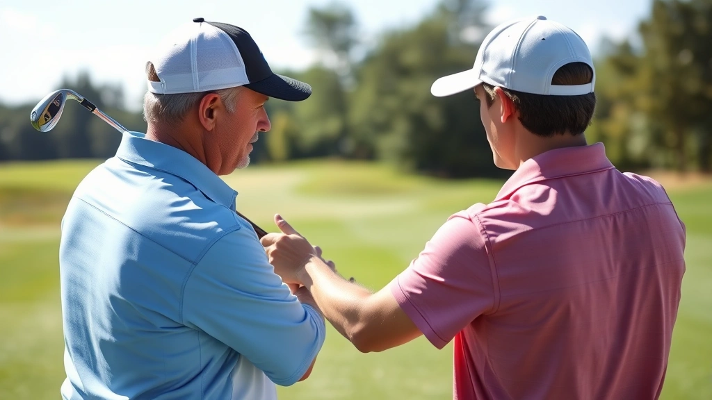 Professional golf instructor demonstrating proper swing technique to a student on a practice range, with natural sunlight and green fairway visible, showing hand position and posture