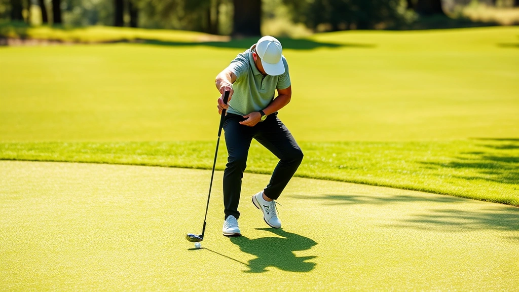 Golfer practicing short game shots near the green with focus and concentration, showing chipping technique with proper form, natural outdoor lighting