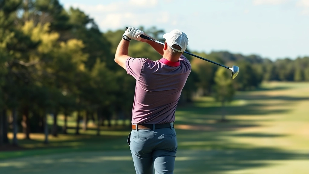 Adult golfer in mid-swing on a beautiful golf course with trees and fairway in background, demonstrating full swing mechanics and athletic form