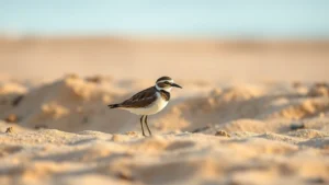 Hawaiian native plover bird on sandy golf course bunker, photorealistic, natural lighting, showing cryptic brown and white plumage on course terrain