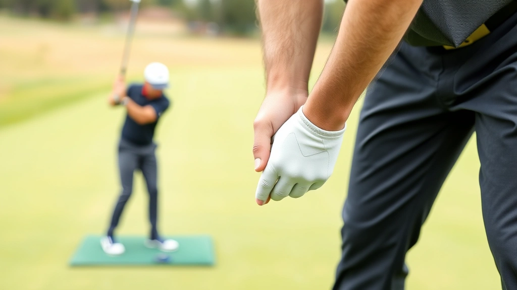Professional golfer demonstrating proper grip and stance on practice range with neutral background, hands clearly showing grip position