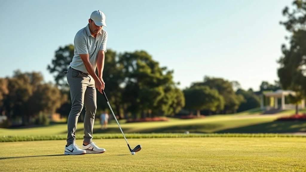 Golfer executing short chip shot near putting green with focused concentration, showing proper posture and club position during impact zone