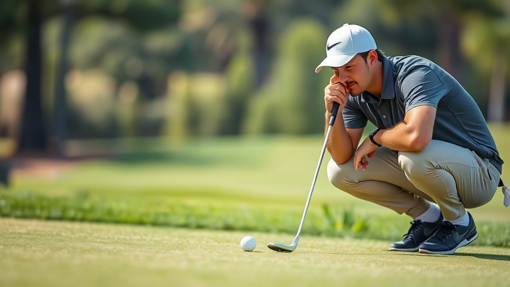 Golfer studying putting line on green with confident expression, crouched down examining grass grain and slope before taking shot