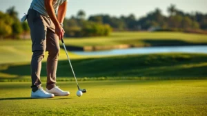 Golfer addressing ball on pristine fairway with water hazard in background, morning light, focused concentration, professional stance, lush green grass