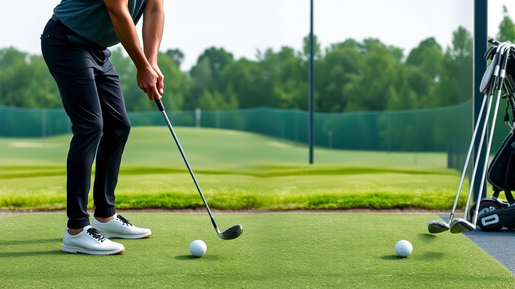 Professional golfer demonstrating proper grip and stance on driving range with golf balls and clubs visible, showing athletic posture and hand positioning for addressing the ball