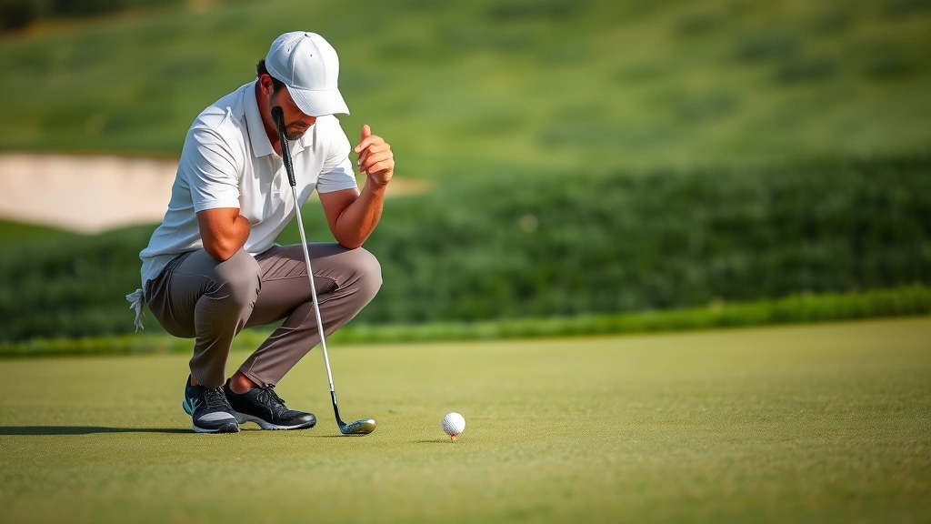 Golfer concentrating on putting green, crouching to read slope and line, with golf hole and manicured grass visible, showing focus and pre-shot routine