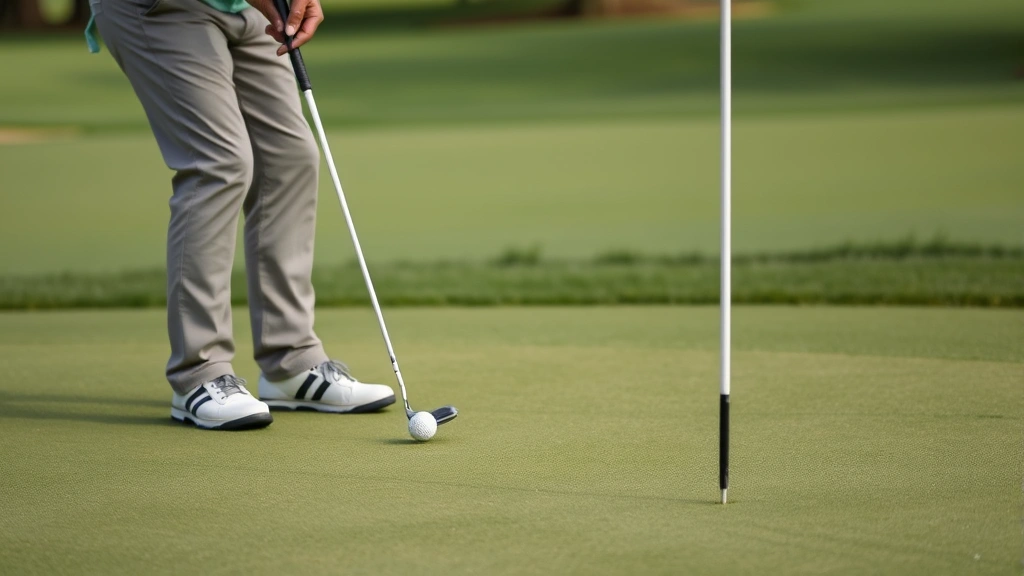 Experienced golfer reading the green before putting, studying slope and break patterns, standing near flag stick on well-maintained putting surface, analytical expression