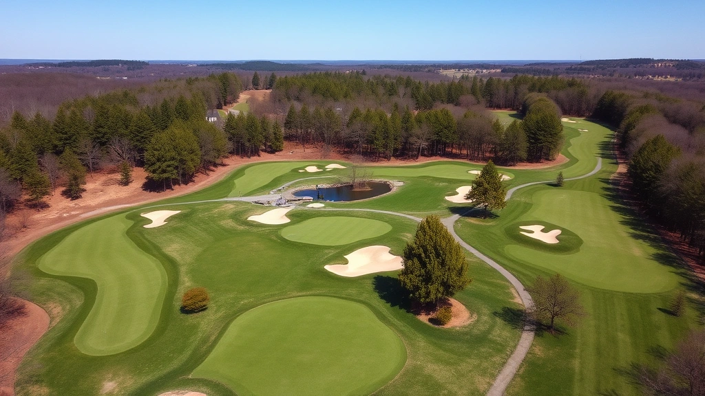 Aerial view of a pristine 18-hole golf course with rolling fairways, bunkers, and manicured greens surrounded by natural Connecticut woodland landscape on a clear day