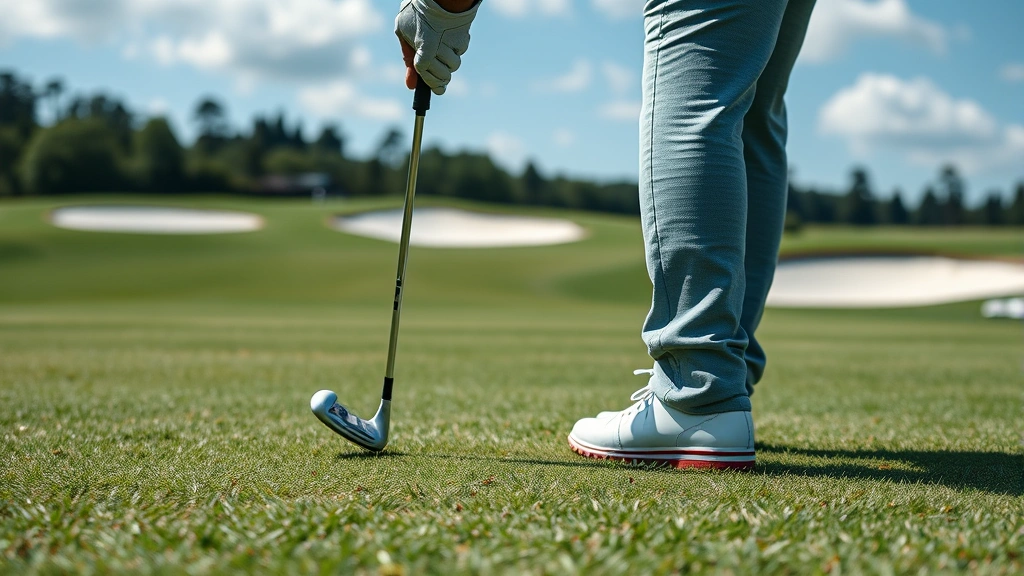 Close-up of golfer in mid-swing on a fairway with strategic bunkers visible in background, demonstrating precision shot-making required by expert course design