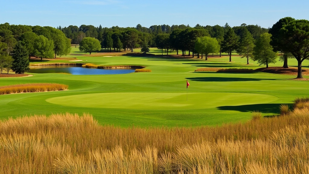 Landscape view of a golf course hole featuring water hazard, mature native trees, and multiple tee boxes with maintained rough vegetation and groomed putting green
