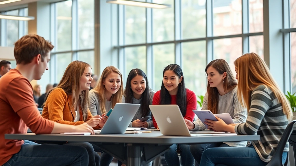 Students collaborating in a modern university classroom with diverse backgrounds, engaged in discussion with laptops and notebooks, natural lighting from windows, realistic campus setting