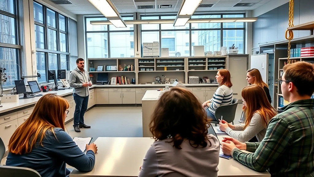 Professor leading an interactive lecture in a bright engineering or science lab with hands-on equipment, students taking notes and participating, modern educational facility