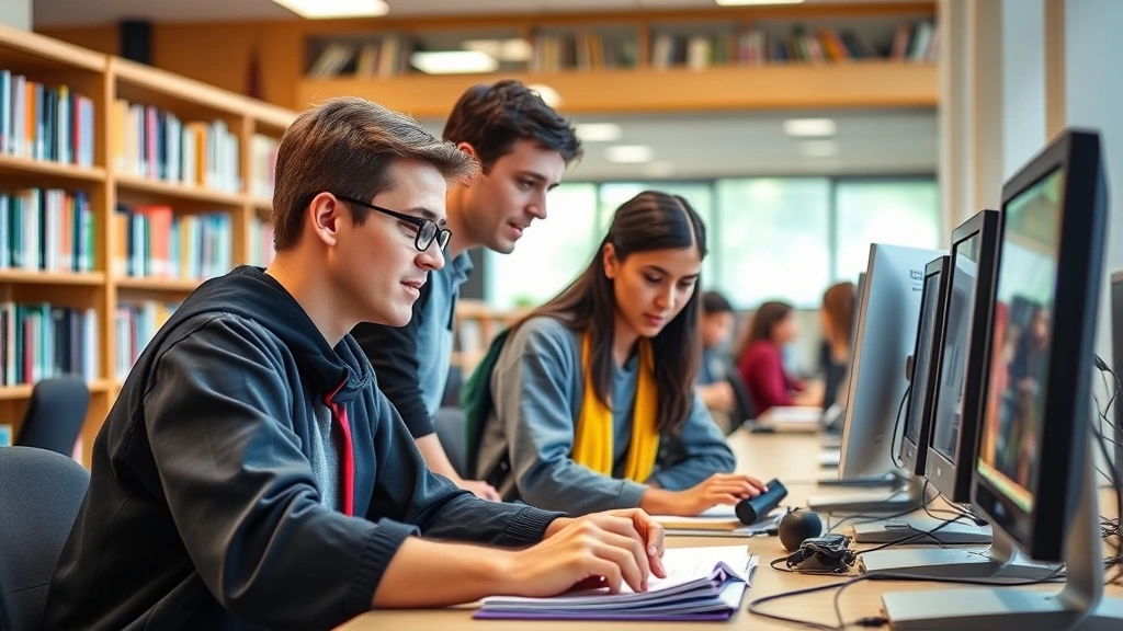 Graduate students conducting research in a university library or study space, surrounded by computers and academic resources, focused on advanced coursework and scholarly work
