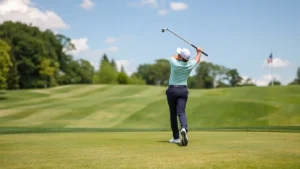 Professional golfer mid-swing on lush fairway with manicured greens and blue sky, natural outdoor golf course setting with trees in background