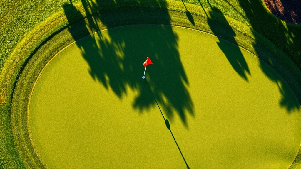 Overhead view of pristine golf green with flag stick, morning sunlight creating shadows, well-maintained grass and strategic bunker placement visible
