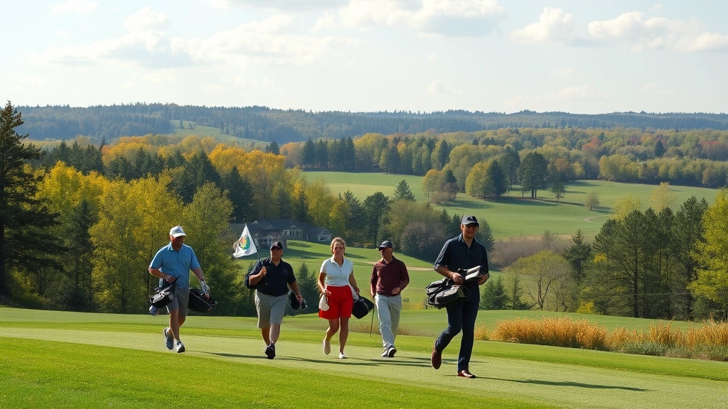 Golfers walking fairway carrying bags with beautiful landscape scenery, New England style trees and rolling terrain, diverse group enjoying outdoor recreation
