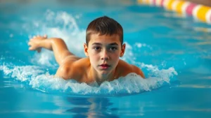 Young swimmer in competitive racing position in 25-yard pool, mid-stroke during freestyle event, water splashing, focused expression, athletic build, natural indoor pool lighting