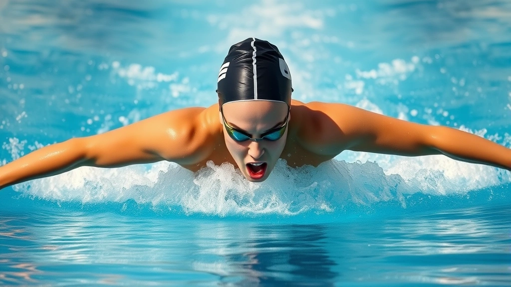 Female swimmer executing butterfly stroke with perfect form, arms extended, water spray visible, powerful body position, competitive swimming pool setting, natural athletic movement