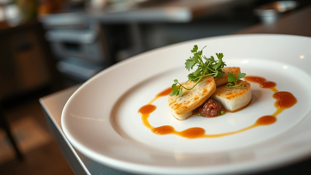 A beautifully plated gourmet appetizer on white ceramic plate with microgreens and sauce drizzle, professional fine dining presentation, soft natural lighting, shallow depth of field, restaurant kitchen background blurred