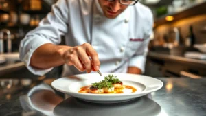 Professional chef carefully plating an elegant appetizer with microgreens and sauce on white ceramic plate in modern kitchen, warm lighting highlighting food details