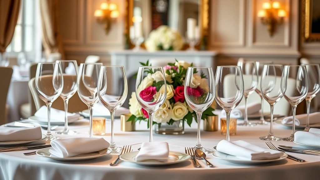 Elegant table setting with multiple wine glasses, fine china plates, white napkins, and fresh flower centerpiece, formal dining room ambiance, warm candlelight, ready for multi-course meal service