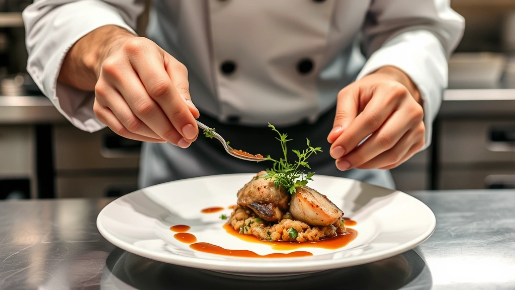 Professional chef plating a main course dish with precision, garnishing with fresh herbs and reduction sauce, stainless steel kitchen counter, focused concentration, culinary artistry in action